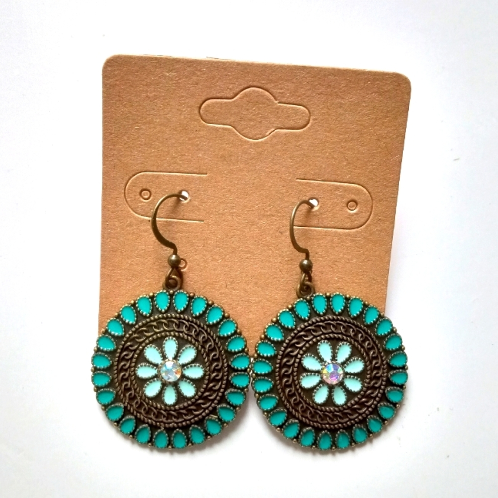 Fashion Jewelry Circle Turquoise Flower Earrings - Picture 1 of 4